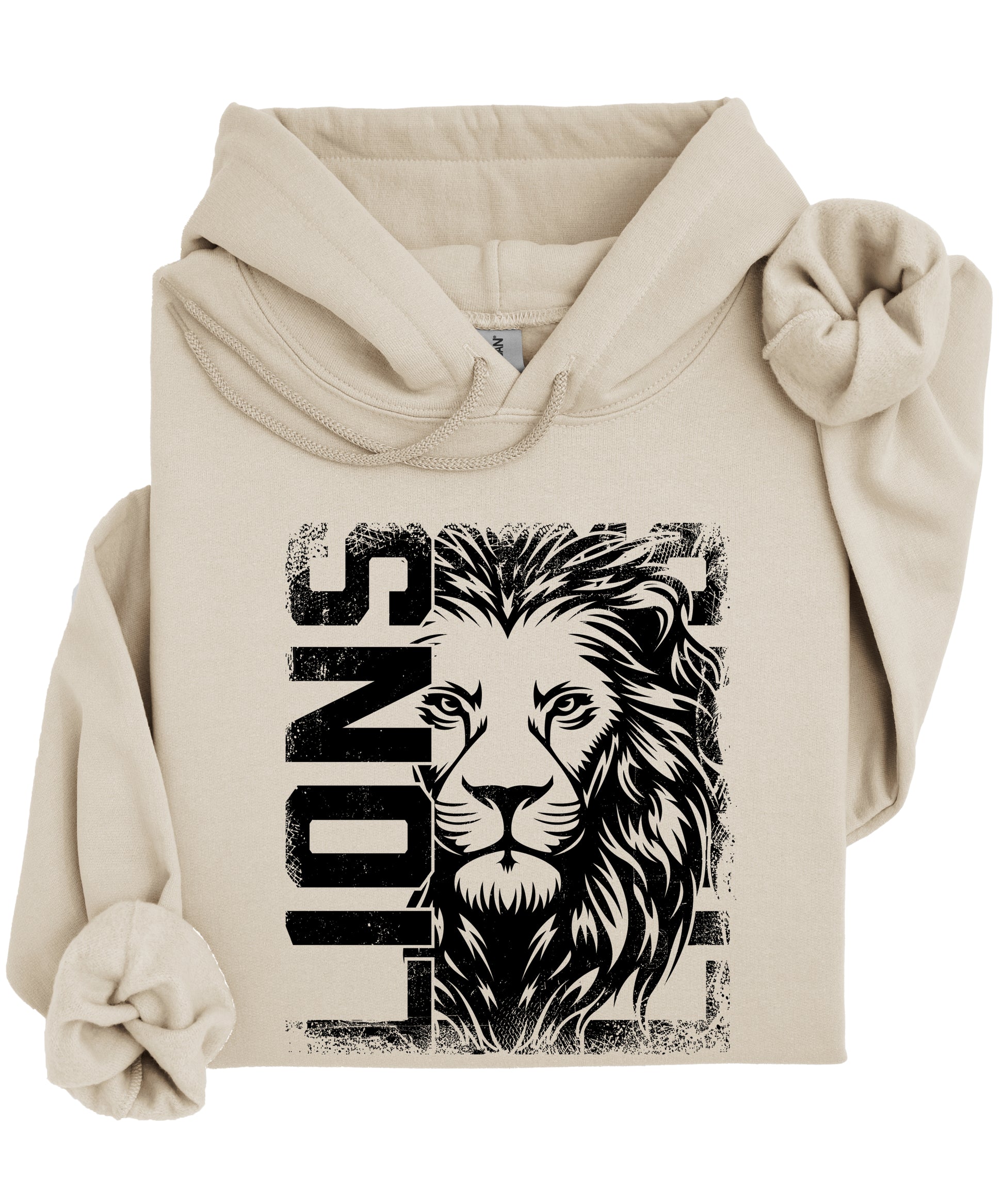 Lions School Spirit hoodie in Sand - distressed lion mascot game day pullover sweatshirt, view 1