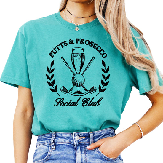 Putts and Prosecco Social Club golf t-shirt for women in Seafoam green, front view