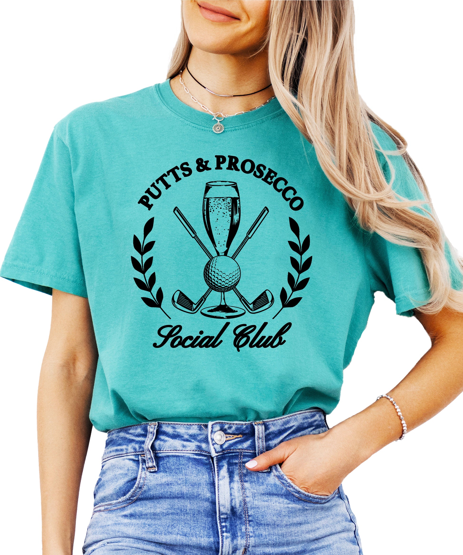Putts and Prosecco Social Club golf t-shirt for women in Seafoam green, front view