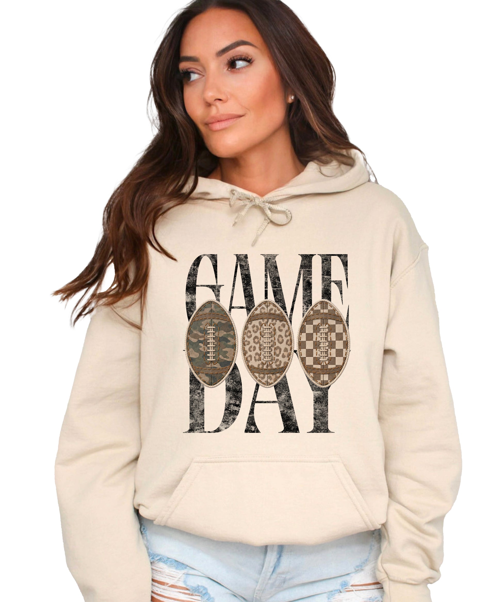 Game Day football hoodie for women in Sand with camo leopard checkered footballs, front view
