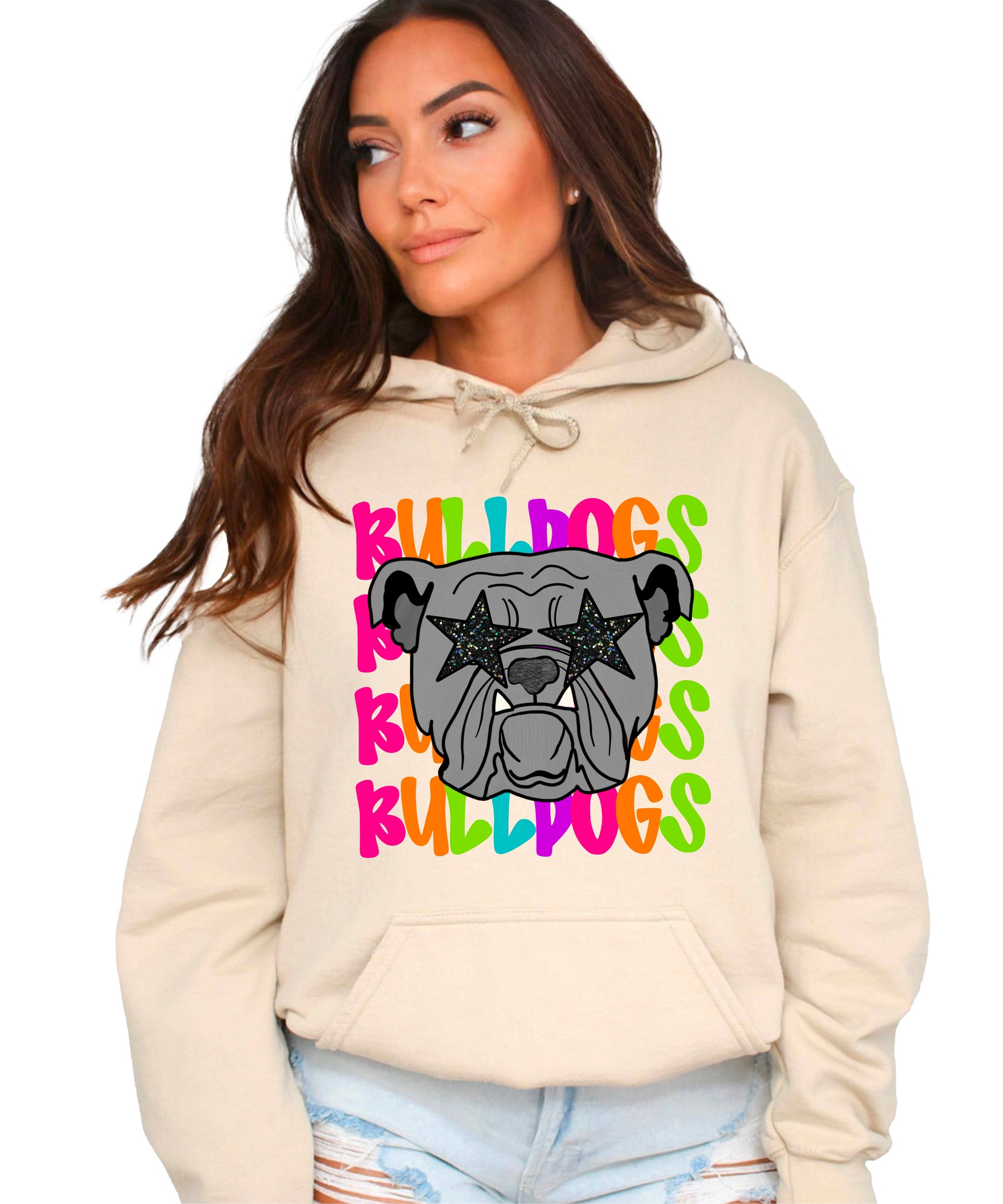 Bulldogs neon rainbow mascot hoodie in Sand - front view