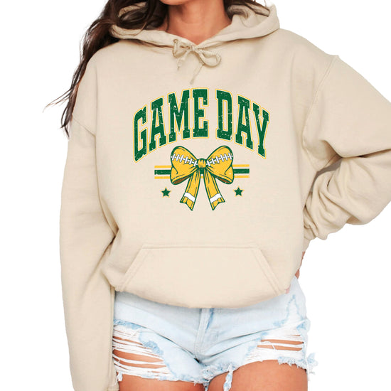 Game Day Football Bow Hoodie in Sand - front view