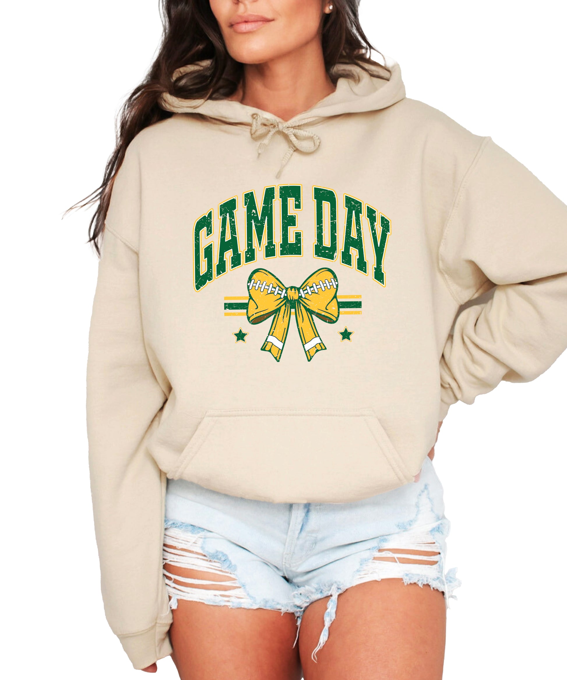 Game Day Football Bow Hoodie in Sand - front view