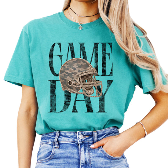 Seafoam Shirt Game Day Camo Football Helmet Comfort Colors tee view 1 - Olive Loves Apple