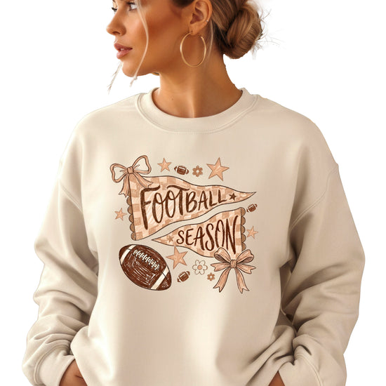 Football Season Coquette Bow Pennant Game Day Crewneck Sweatshirt - Sand Sweatshirt view 1