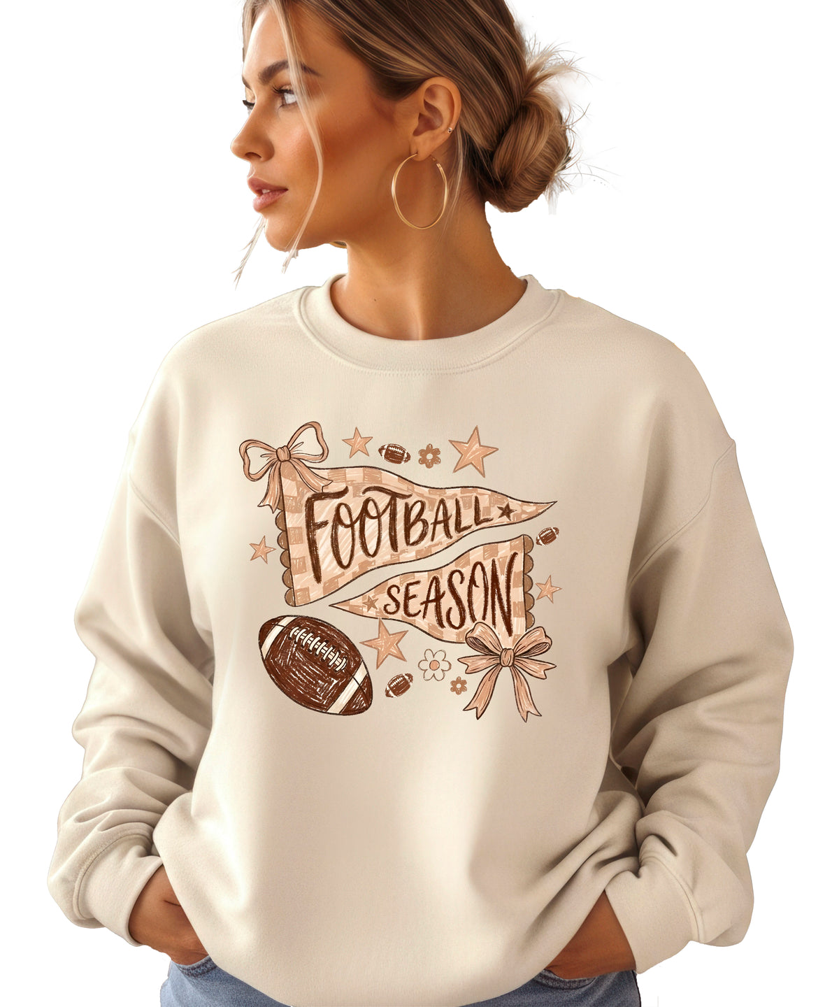 Football Season Coquette Bow Pennant Game Day Crewneck Sweatshirt - Sand Sweatshirt view 1