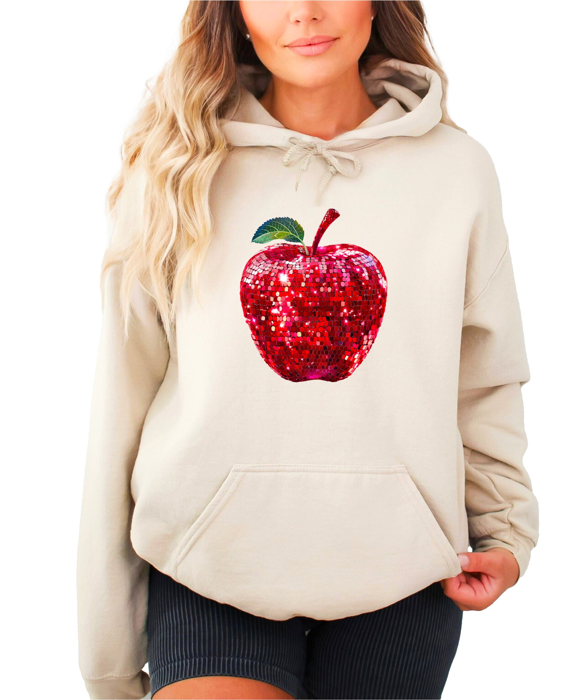 Sand glitter red disco apple hoodie for women front view