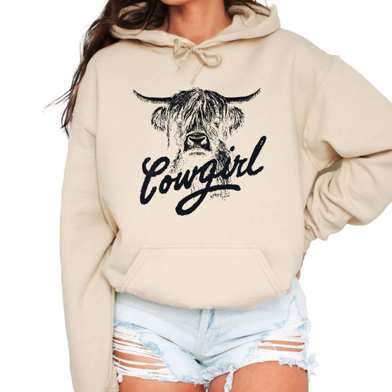 Cowgirl Highland Cow Hoodie - Sand Hoodie - Olive Loves Apple