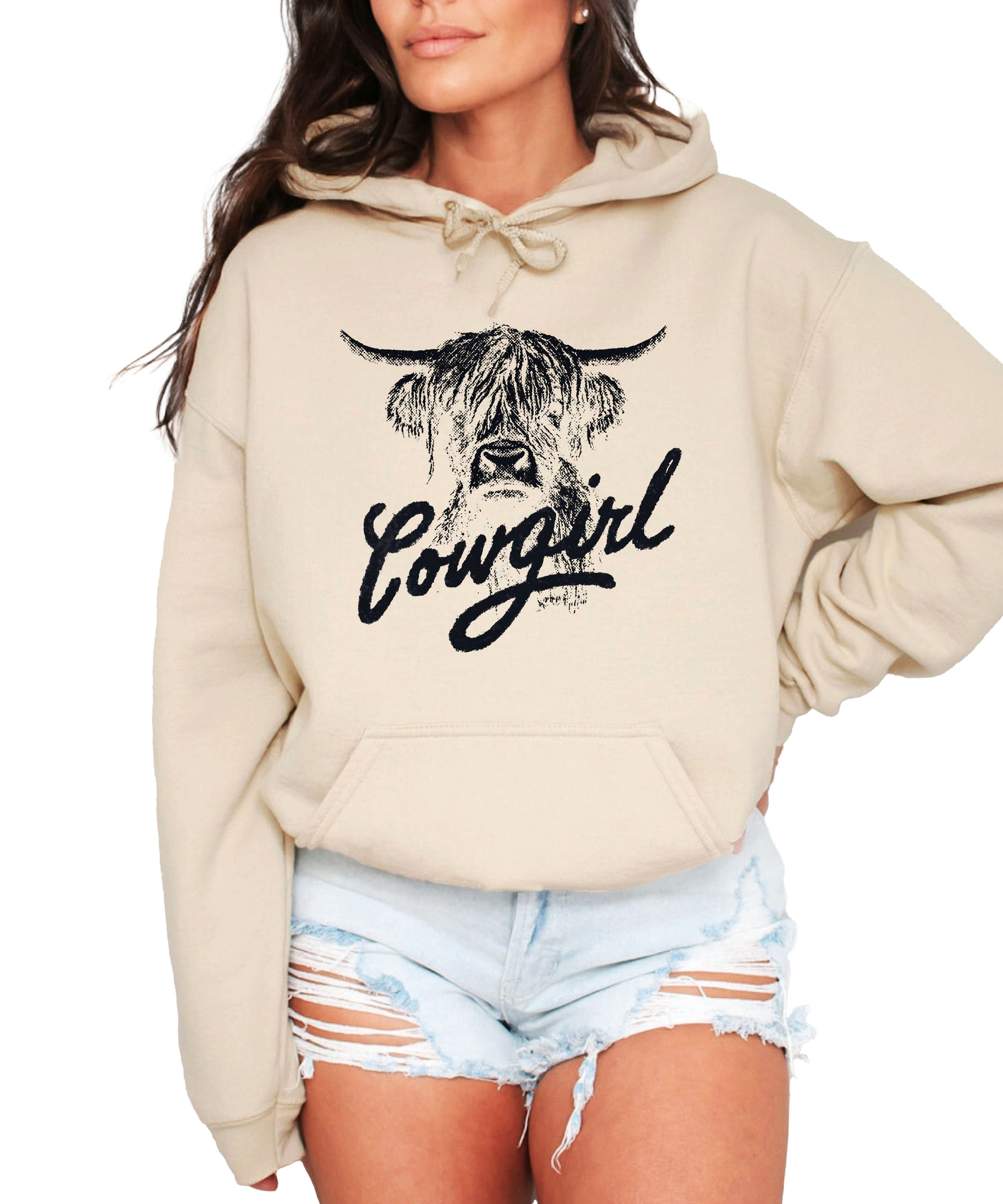 Cowgirl Highland Cow Hoodie - Sand Hoodie - Olive Loves Apple