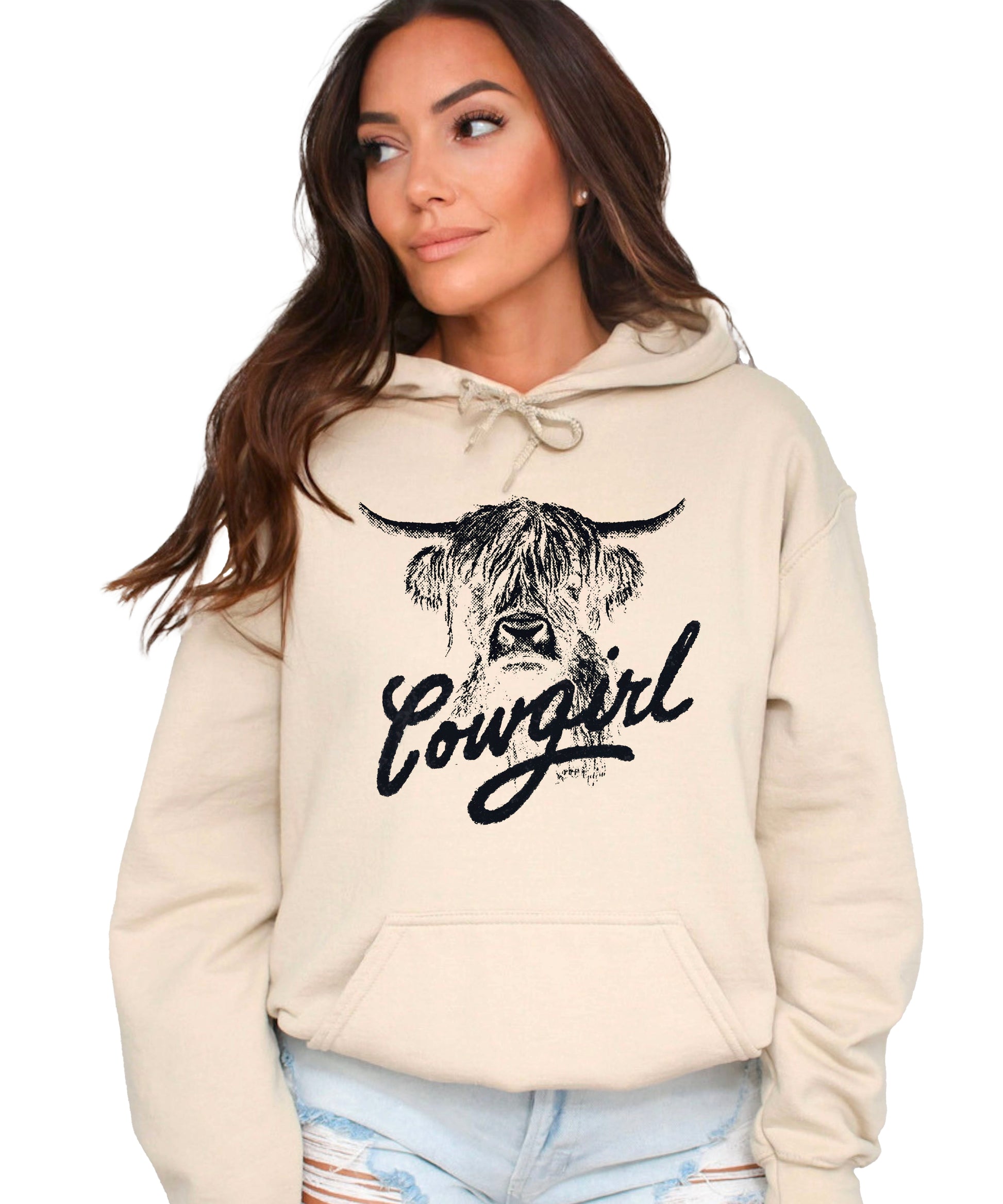 Cowgirl Highland Cow Hoodie - Sand Hoodie - Olive Loves Apple