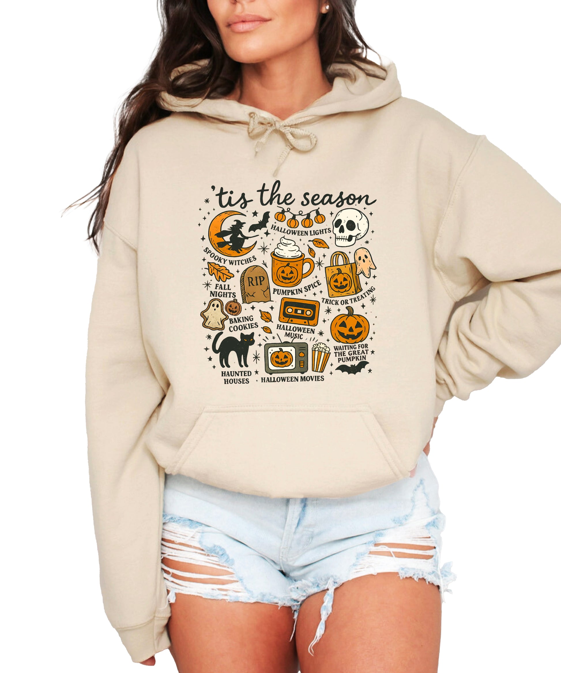 Tis The Season Halloween retro collage hoodie in Sand - view 2