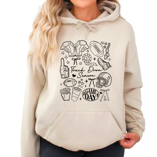 Sand Touch Down Season football hoodie game day collage detail