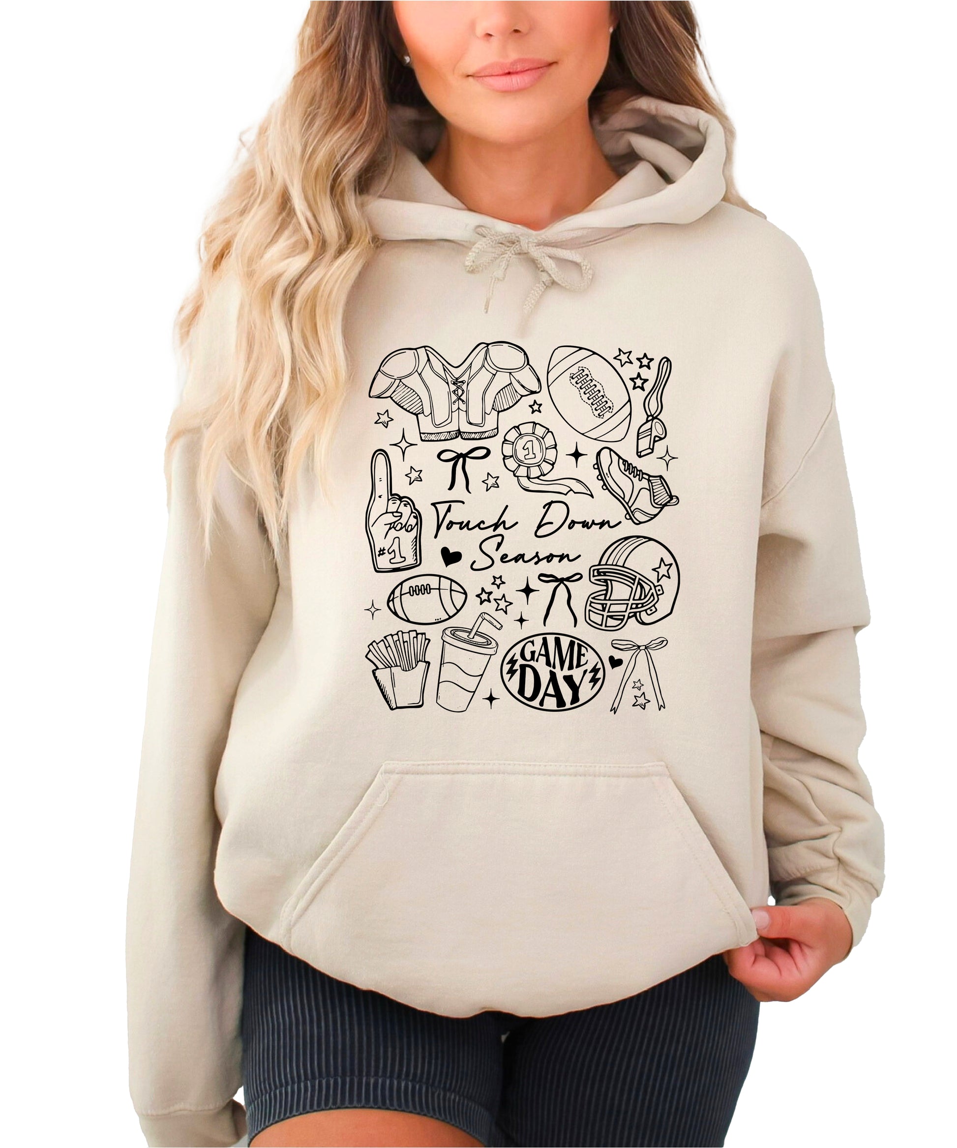 Sand Touch Down Season football hoodie game day collage detail