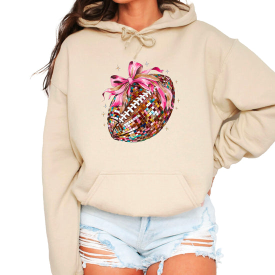 Disco Ball Football Coquette Bow Hoodie for Women, Sand Hoodie, view 2