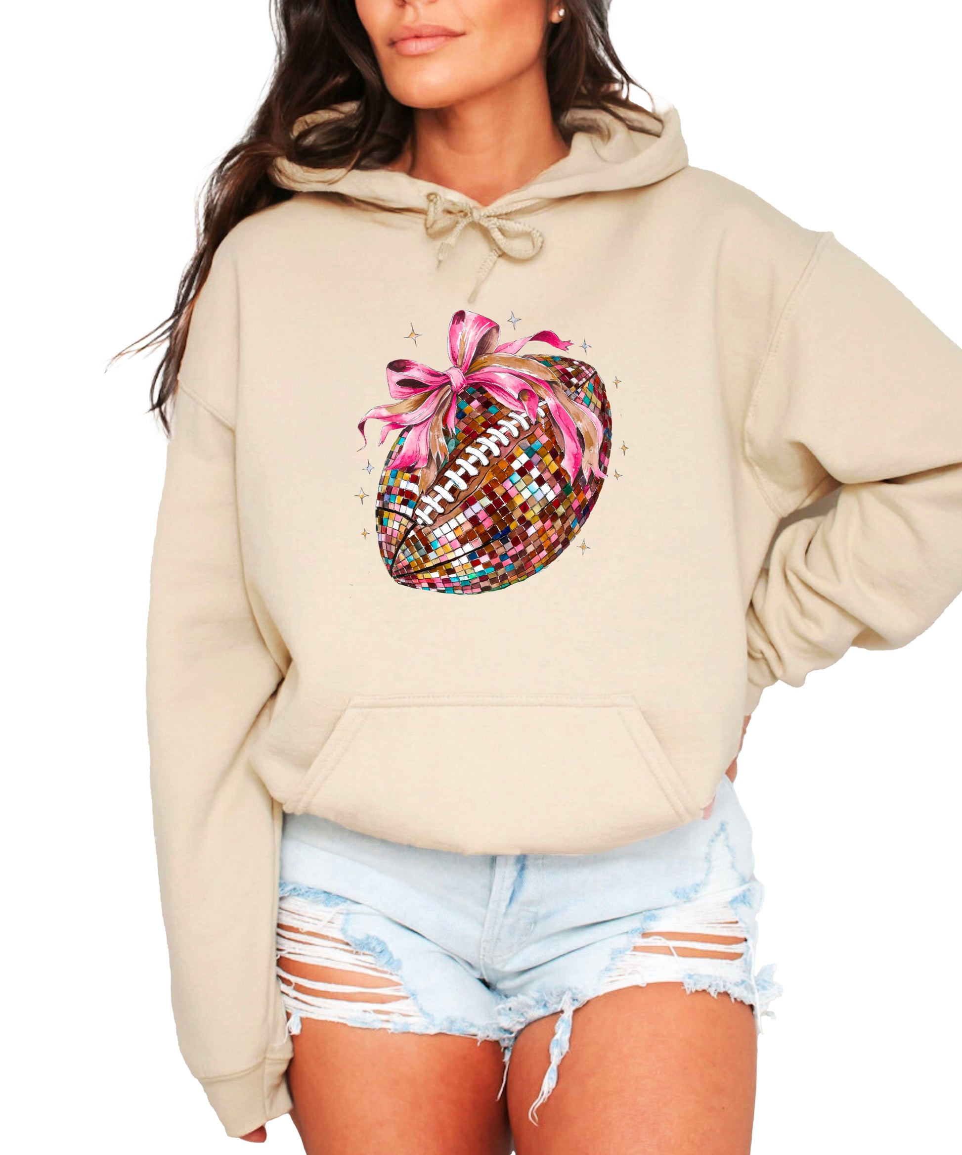 Disco Ball Football Coquette Bow Hoodie for Women, Sand Hoodie, view 2