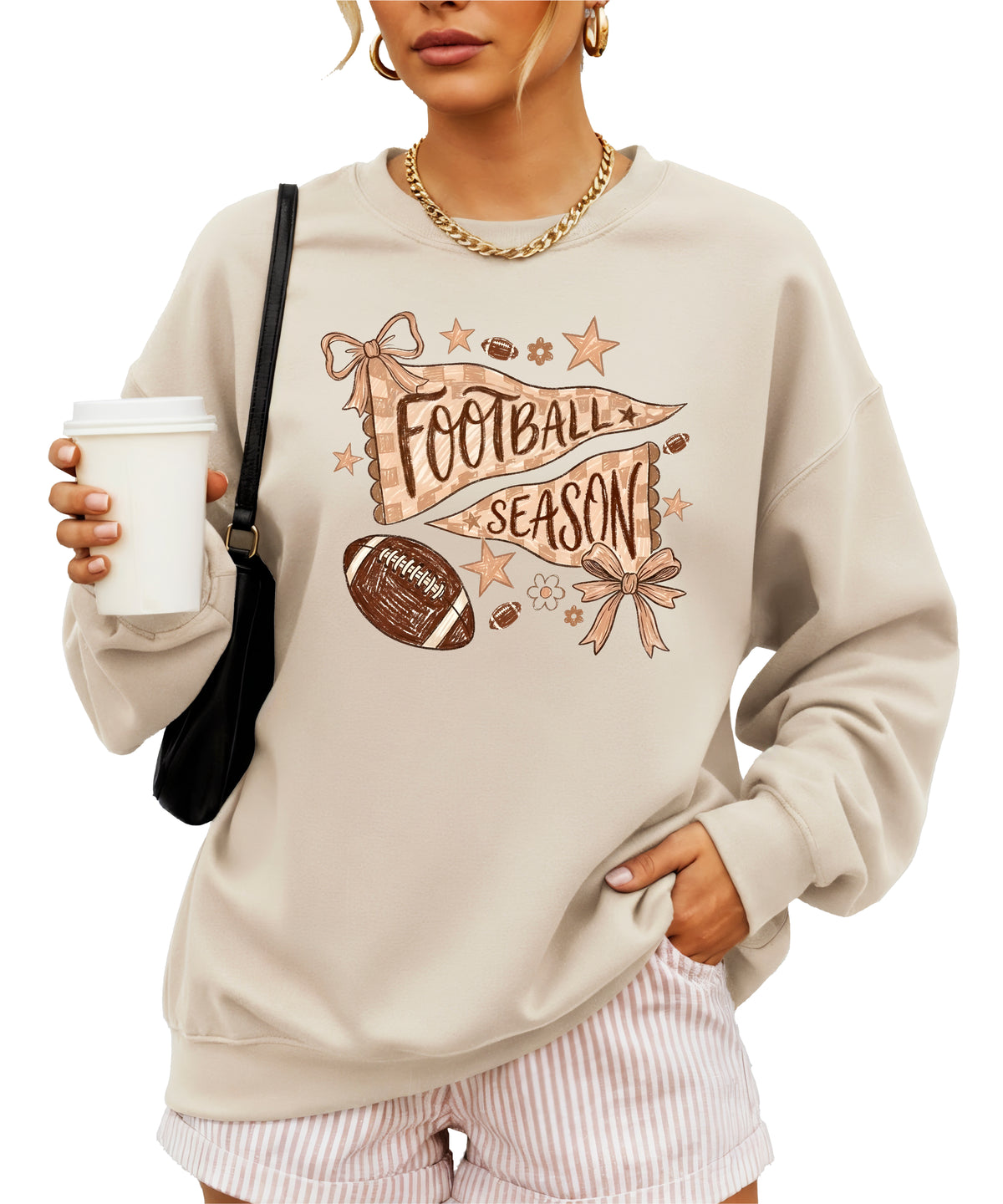 Football Season Coquette Bow Pennant Game Day Crewneck Sweatshirt - Sand Sweatshirt view 2