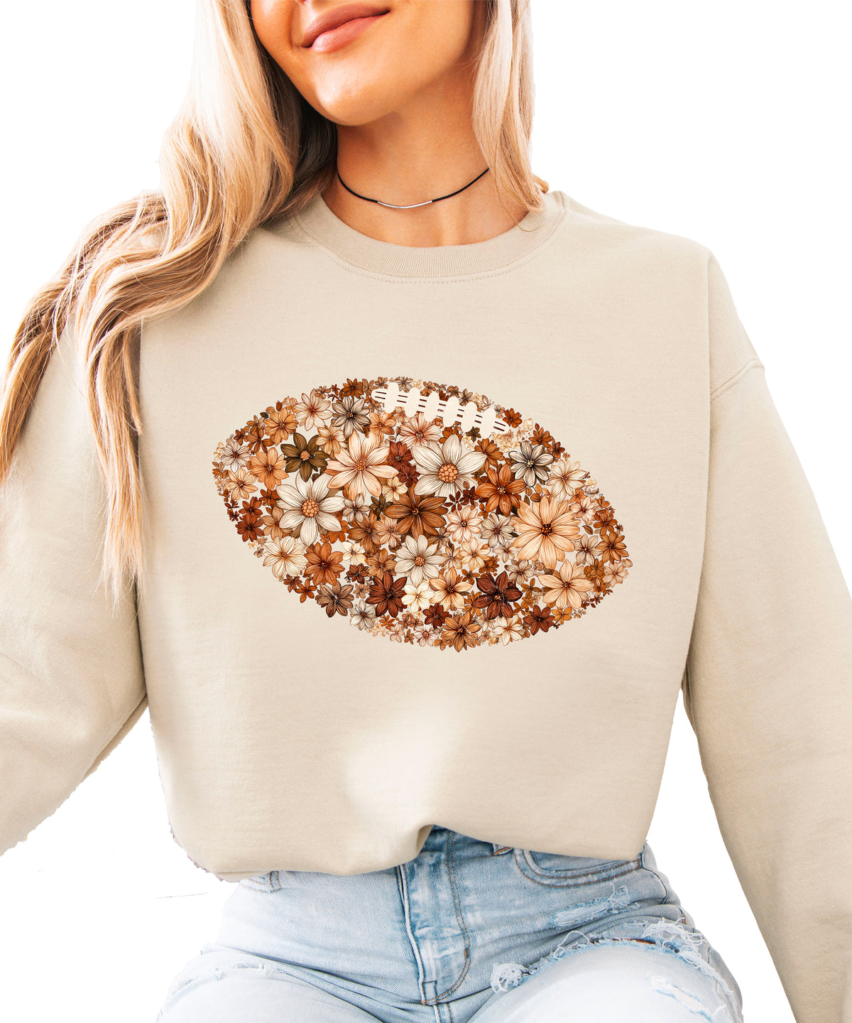 Floral football sweatshirt in Sand, styled view