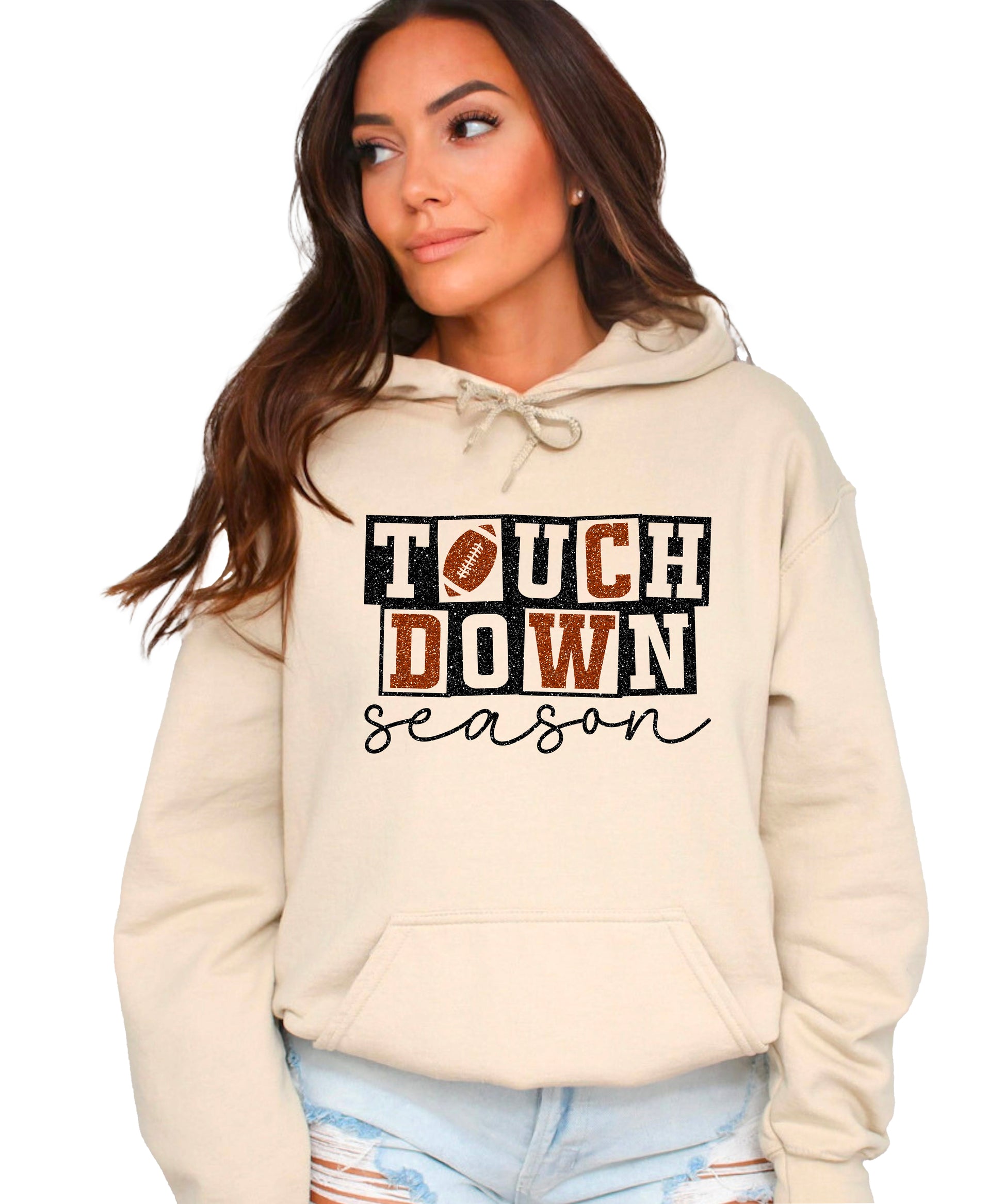Touchdown Season glitter football hoodie in Sand - view 2