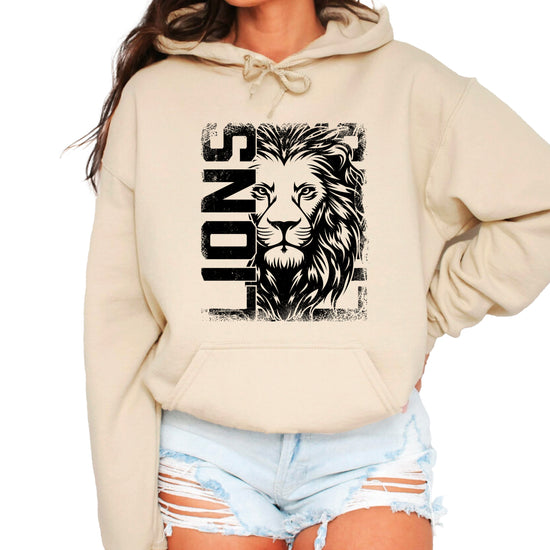 Lions School Spirit hoodie in Sand - distressed lion mascot game day pullover sweatshirt, view 2