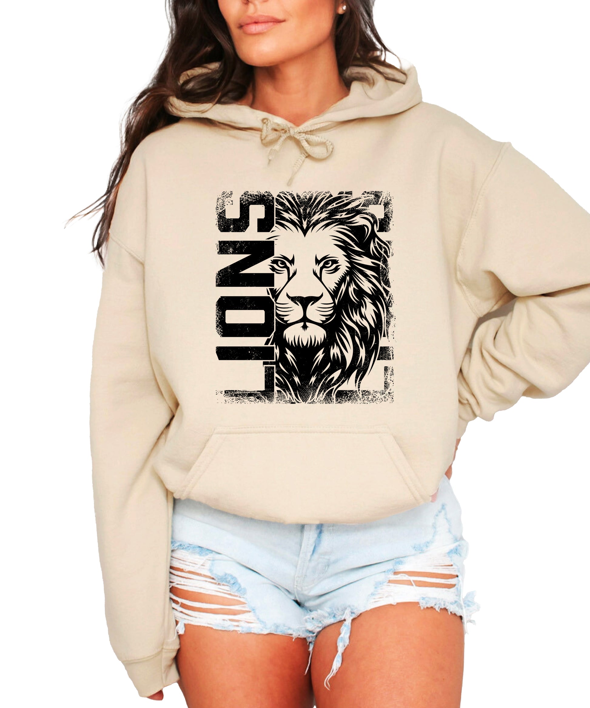 Lions School Spirit hoodie in Sand - distressed lion mascot game day pullover sweatshirt, view 2