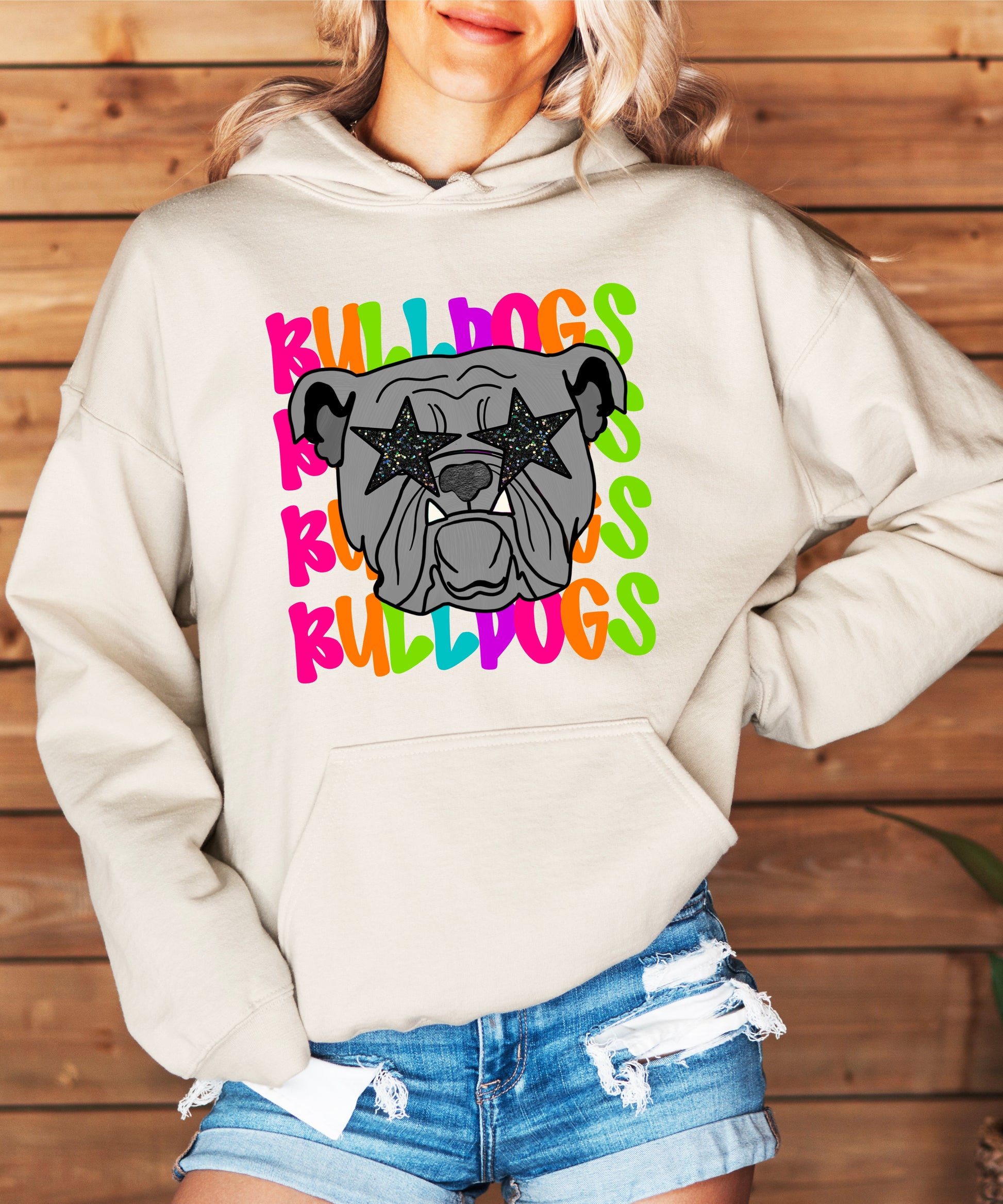 Bulldogs neon rainbow mascot hoodie in Sand - view 2