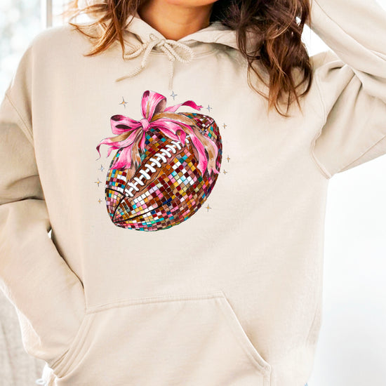 Disco Ball Football Coquette Bow Hoodie for Women, Sand Hoodie, view 3