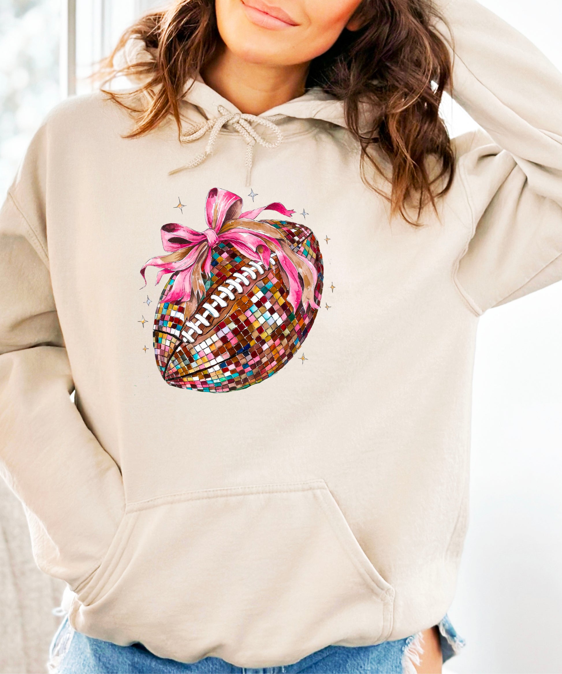 Disco Ball Football Coquette Bow Hoodie for Women, Sand Hoodie, view 3