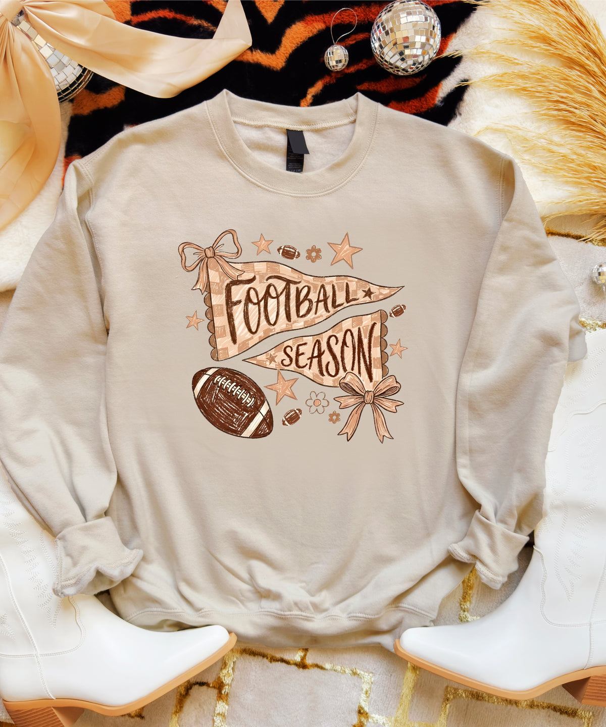 Football Season Coquette Bow Pennant Game Day Crewneck Sweatshirt - Sand Sweatshirt view 3