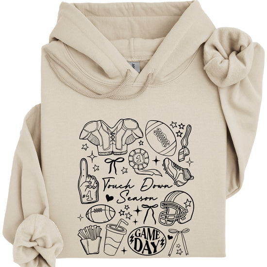 Sand Touch Down Season football hoodie styled on model