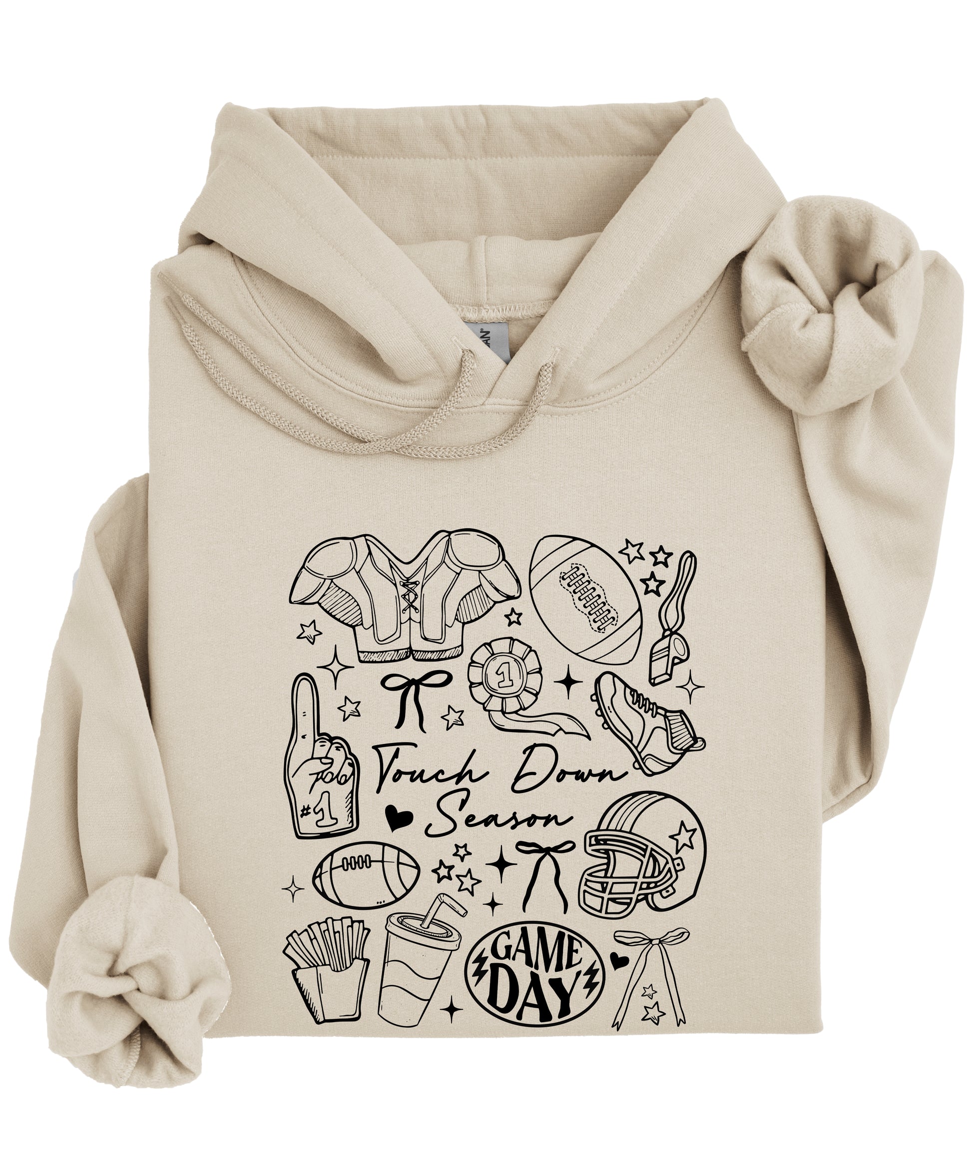 Sand Touch Down Season football hoodie styled on model