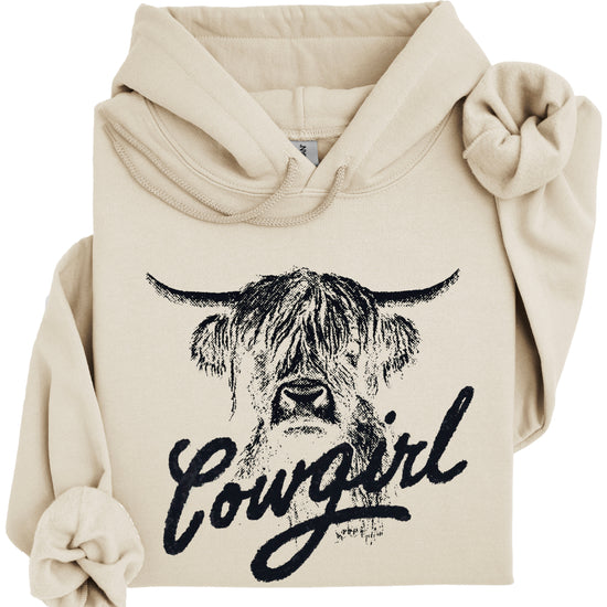 Cowgirl Highland Cow Hoodie - Sand Hoodie - Olive Loves Apple