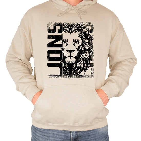 Lions School Spirit hoodie in Sand - distressed lion mascot game day pullover sweatshirt, view 3