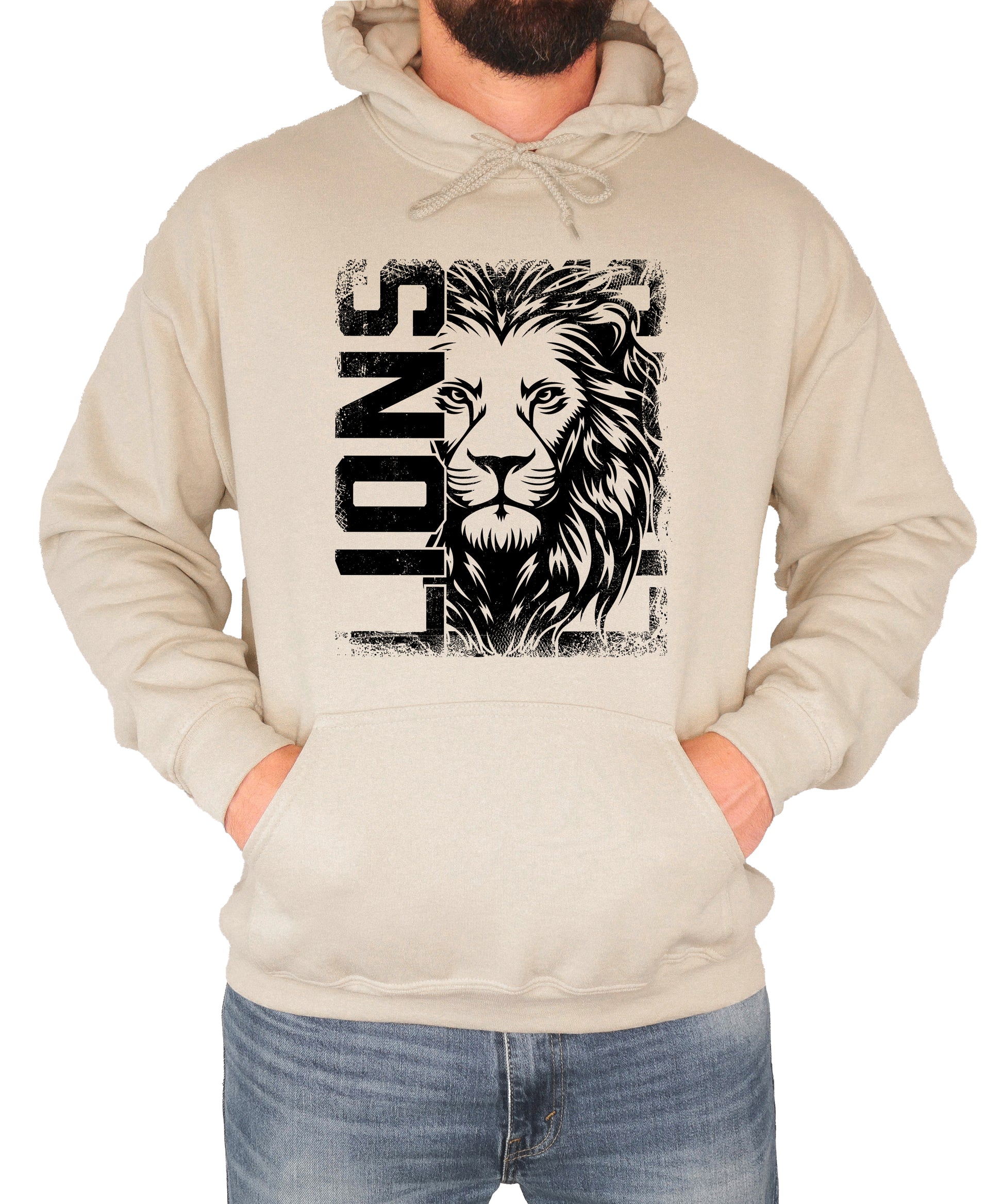 Lions School Spirit hoodie in Sand - distressed lion mascot game day pullover sweatshirt, view 3