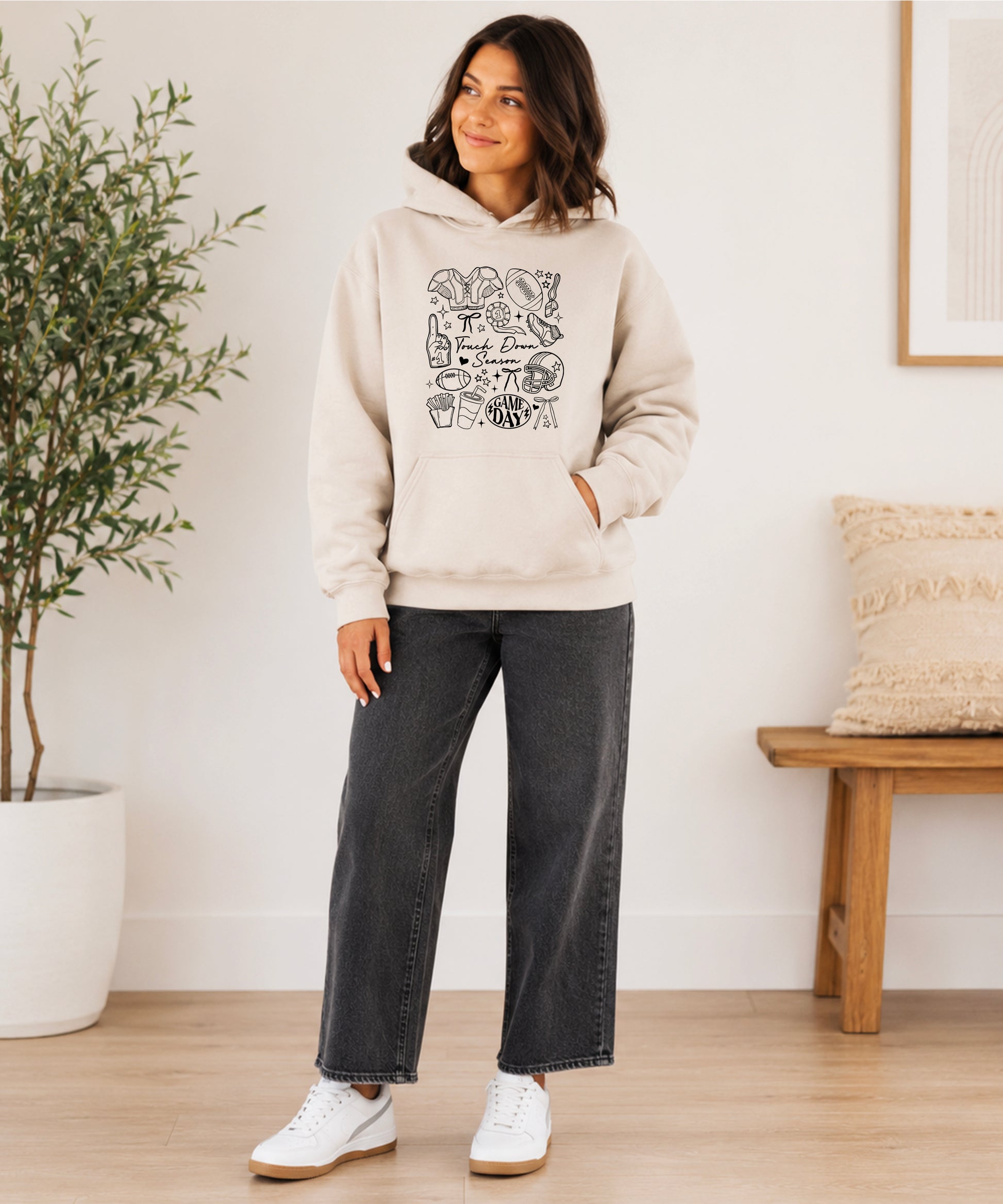 Sand Touch Down Season football hoodie lifestyle shot