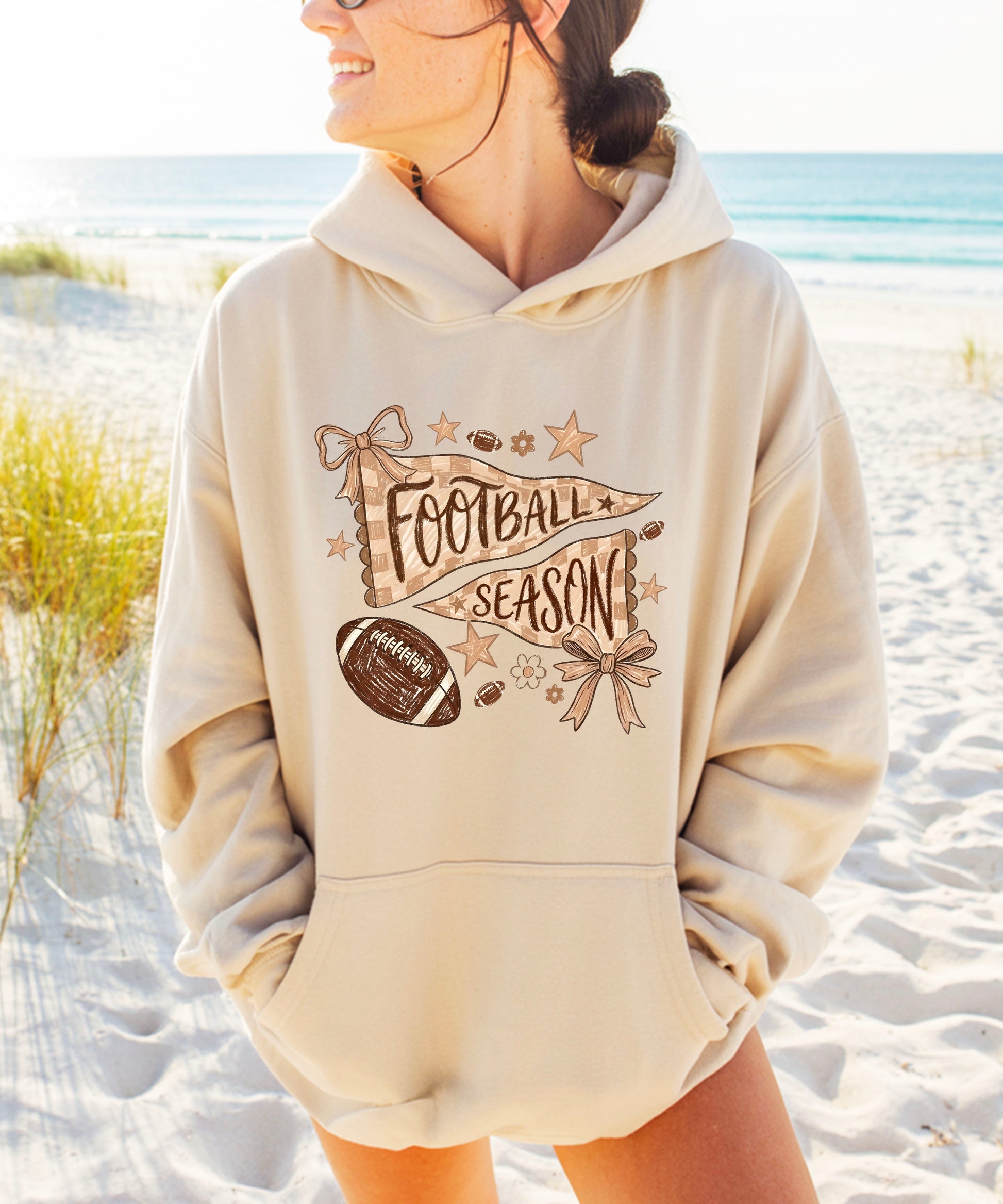 Football Season Coquette Bow Pennant Game Day Hoodie for Women - Sand - view 4