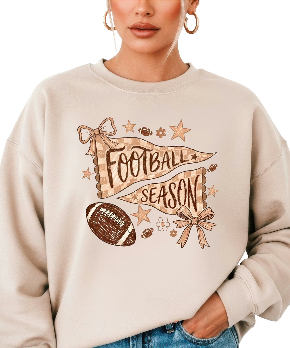 Football Season Coquette Bow Pennant Game Day Crewneck Sweatshirt - Sand Sweatshirt view 4