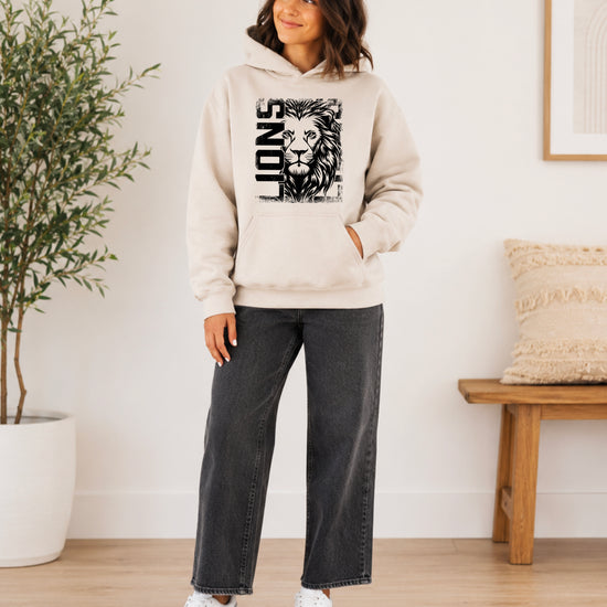 Lions School Spirit hoodie in Sand - distressed lion mascot game day pullover sweatshirt, view 4