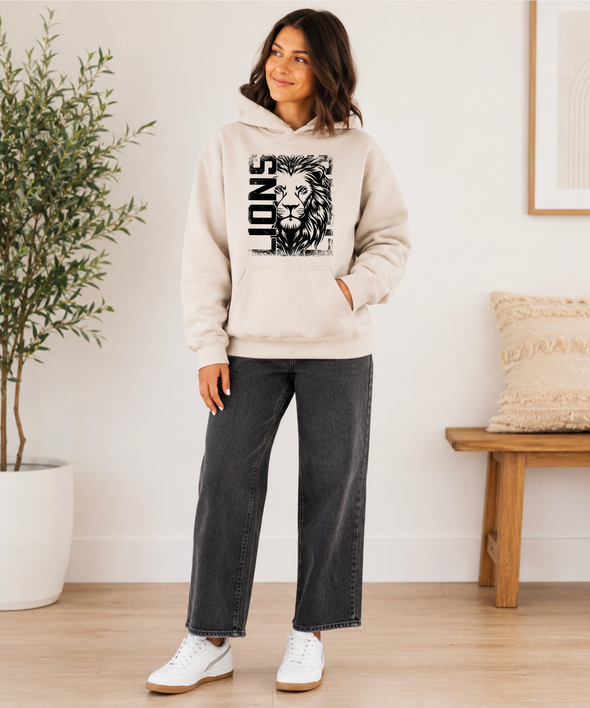 Lions School Spirit hoodie in Sand - distressed lion mascot game day pullover sweatshirt, view 4