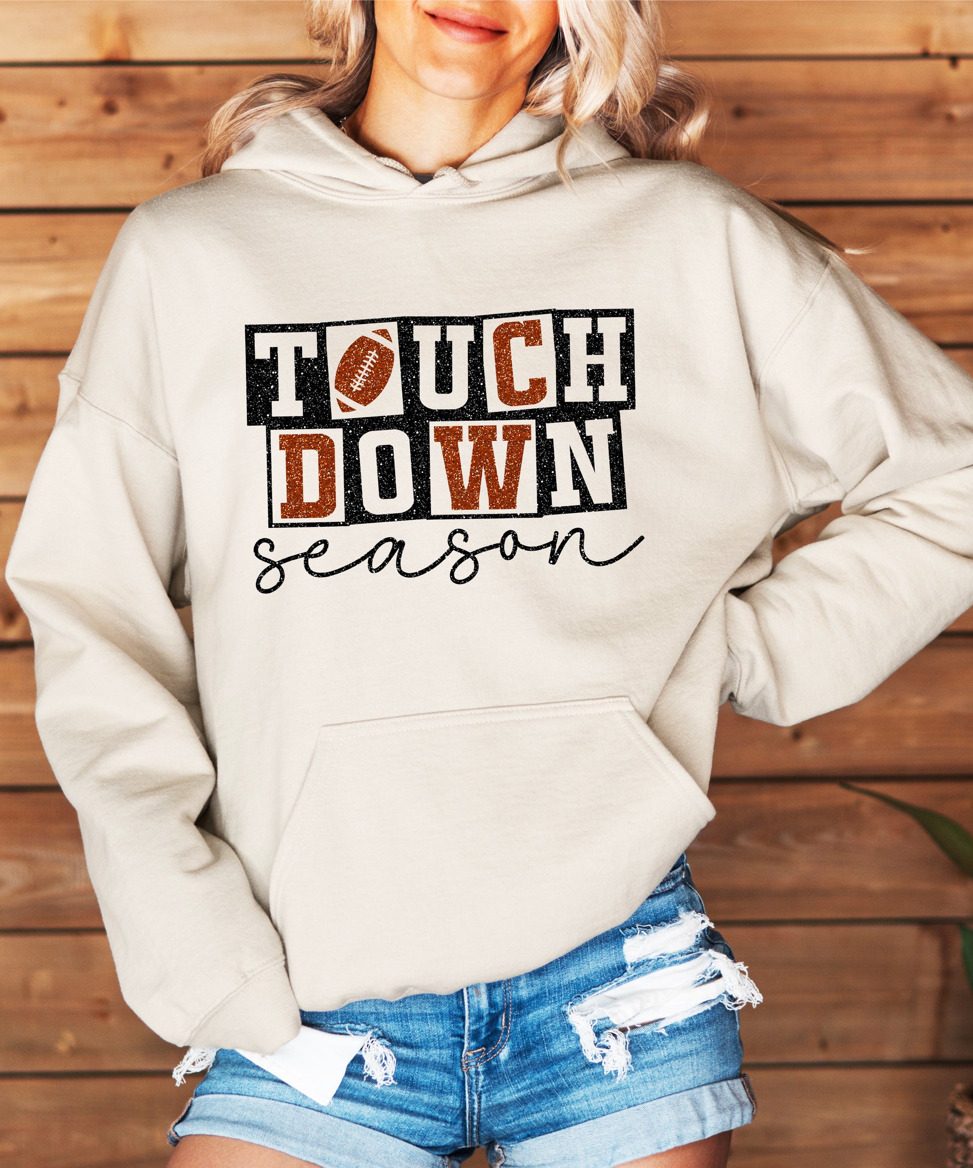 Touchdown Season glitter football hoodie in Sand - view 4