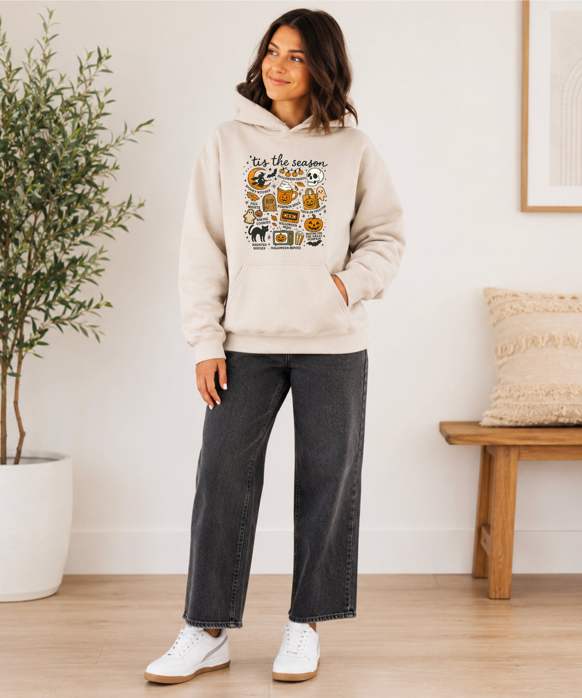 Tis The Season Halloween retro collage hoodie in Sand - view 5