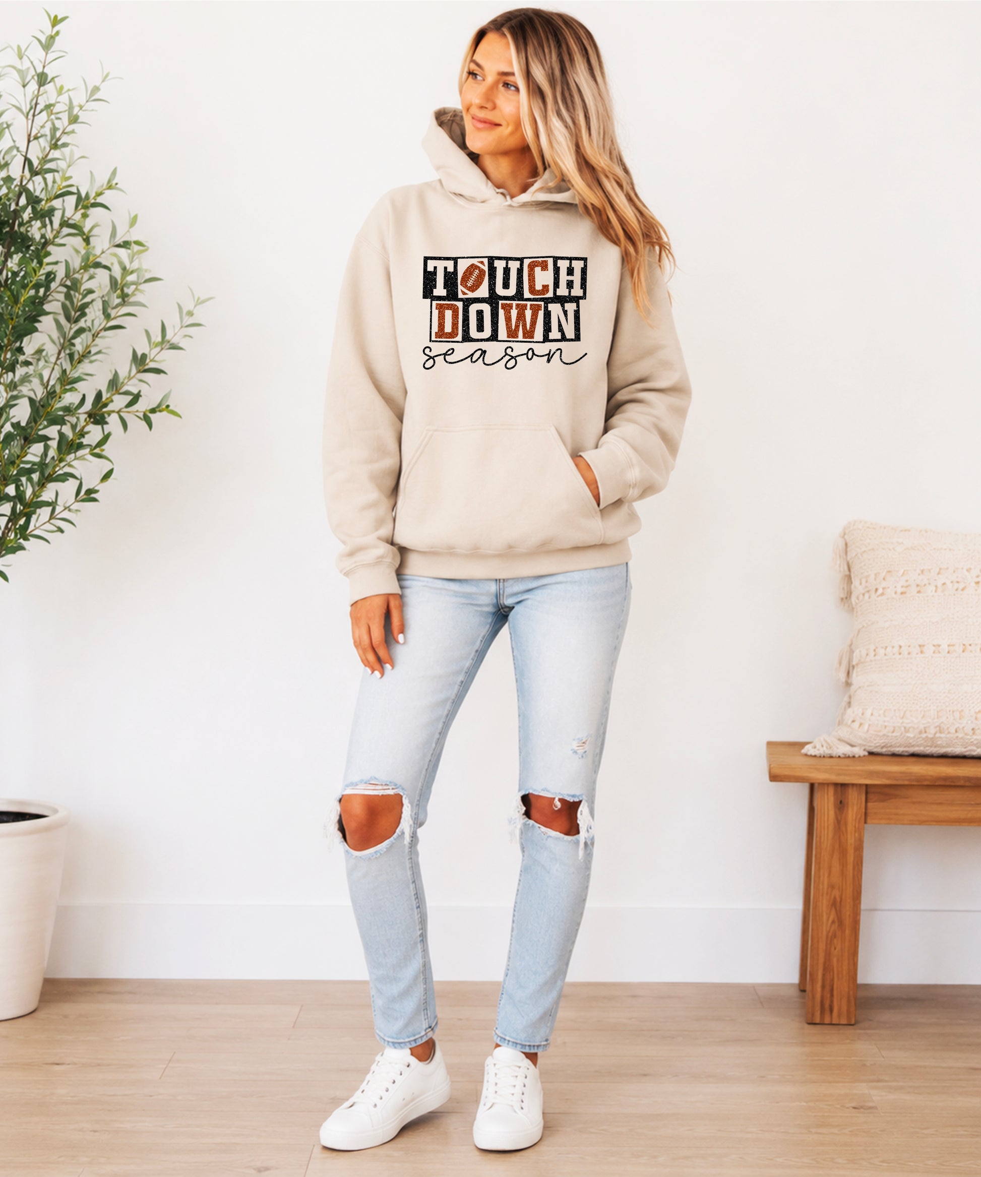 Touchdown Season glitter football hoodie in Sand - view 5