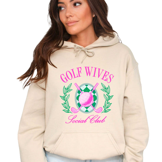 Golf Wives Social Club hoodie in Sand, styled view