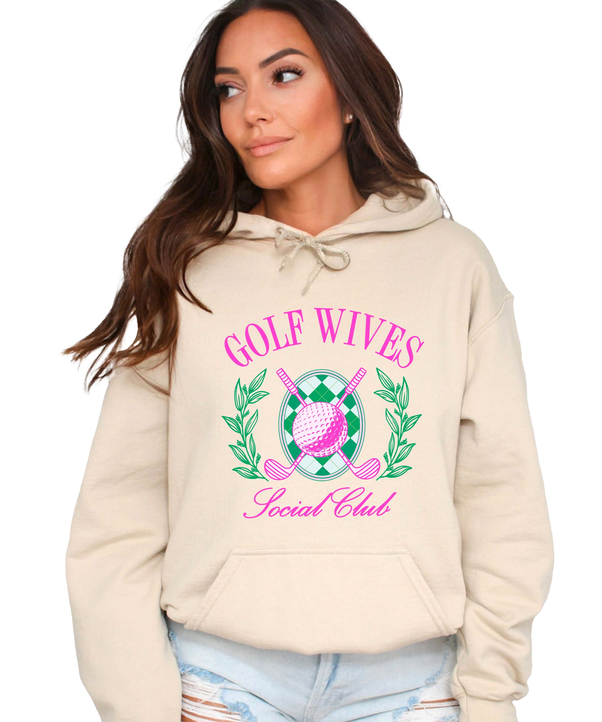 Golf Wives Social Club hoodie in Sand, styled view