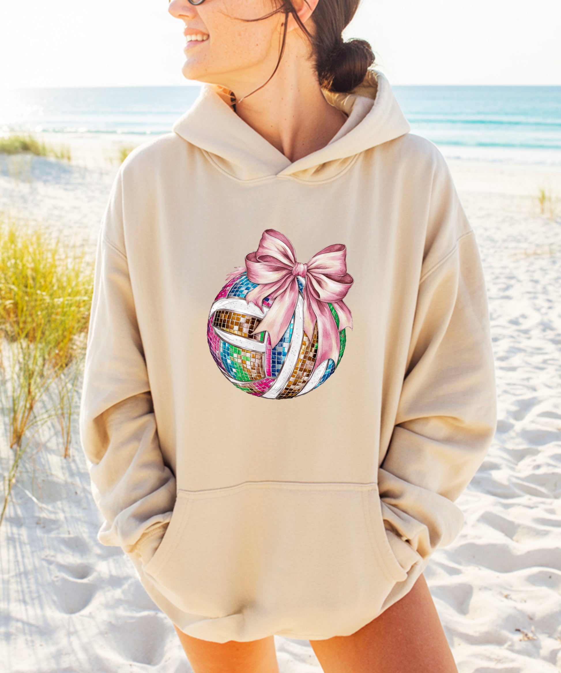 Disco Volleyball Coquette Bow Hoodie - Sand - View 5