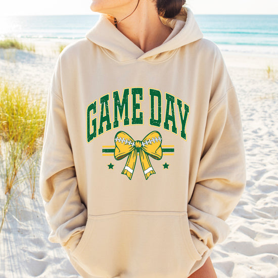 Game Day Football Bow Hoodie in Sand - close-up print detail