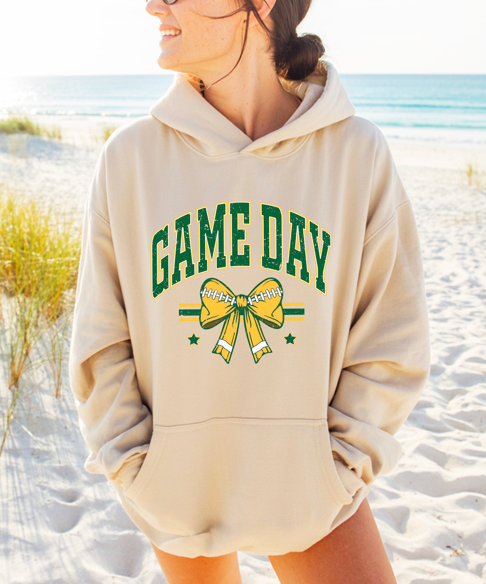 Game Day Football Bow Hoodie in Sand - close-up print detail