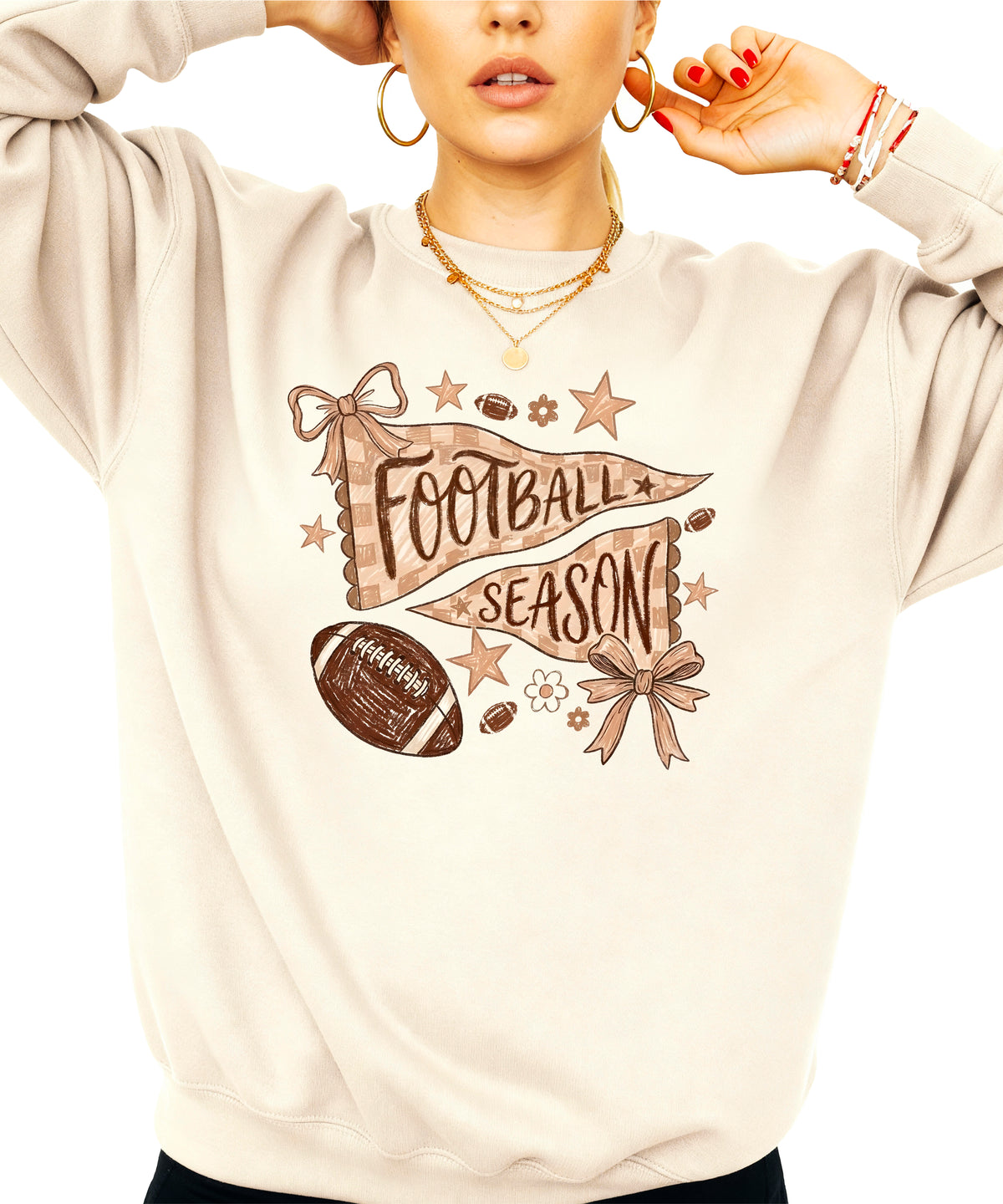 Football Season Coquette Bow Pennant Game Day Crewneck Sweatshirt - Sand Sweatshirt view 5