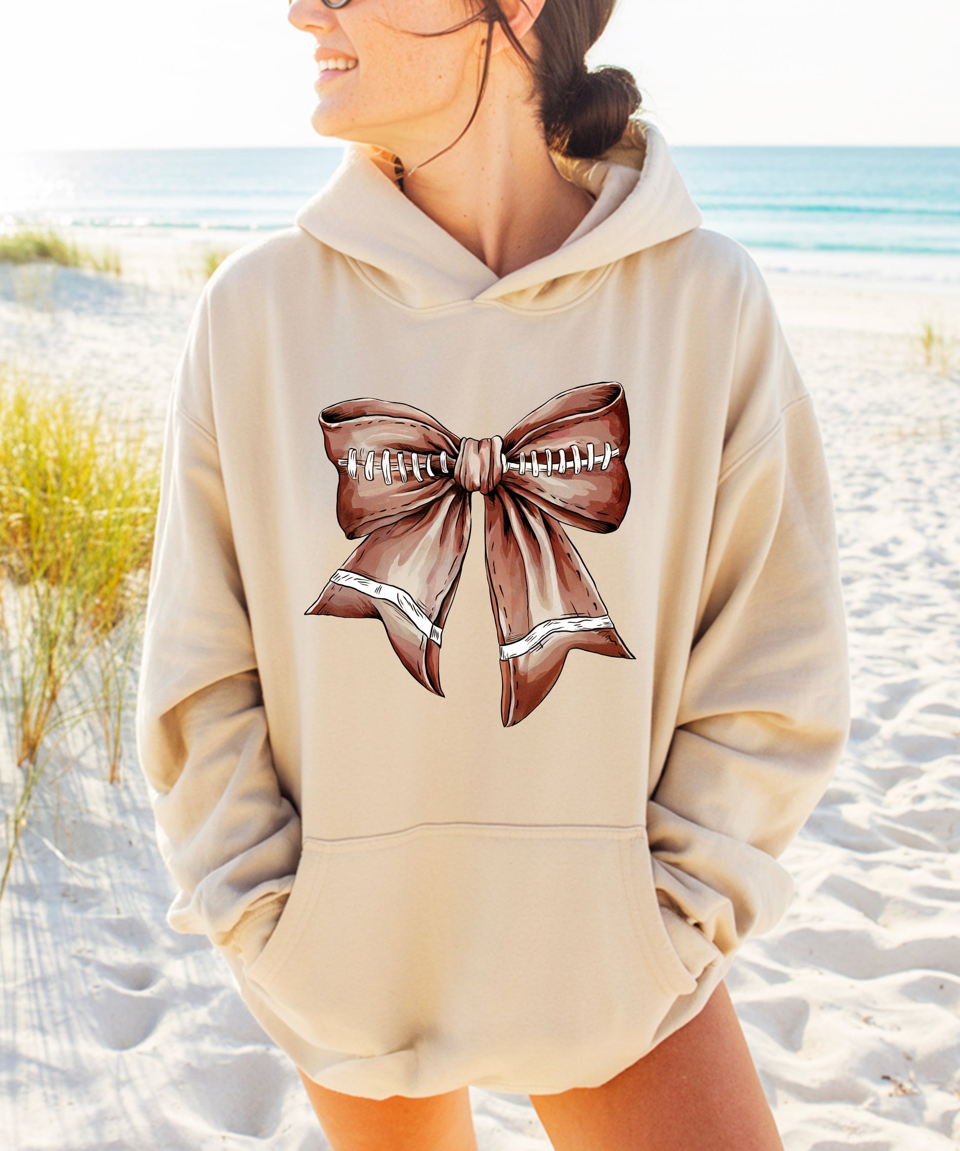 Football Coquette Bow fleece hoodie in Sand - view 5
