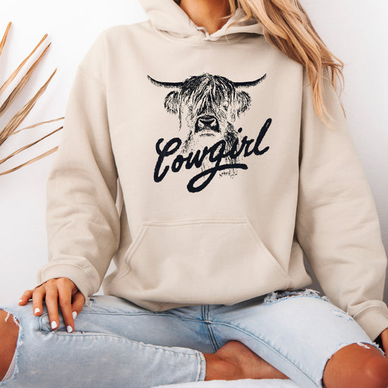 Cowgirl Highland Cow Hoodie - Sand Hoodie - Olive Loves Apple