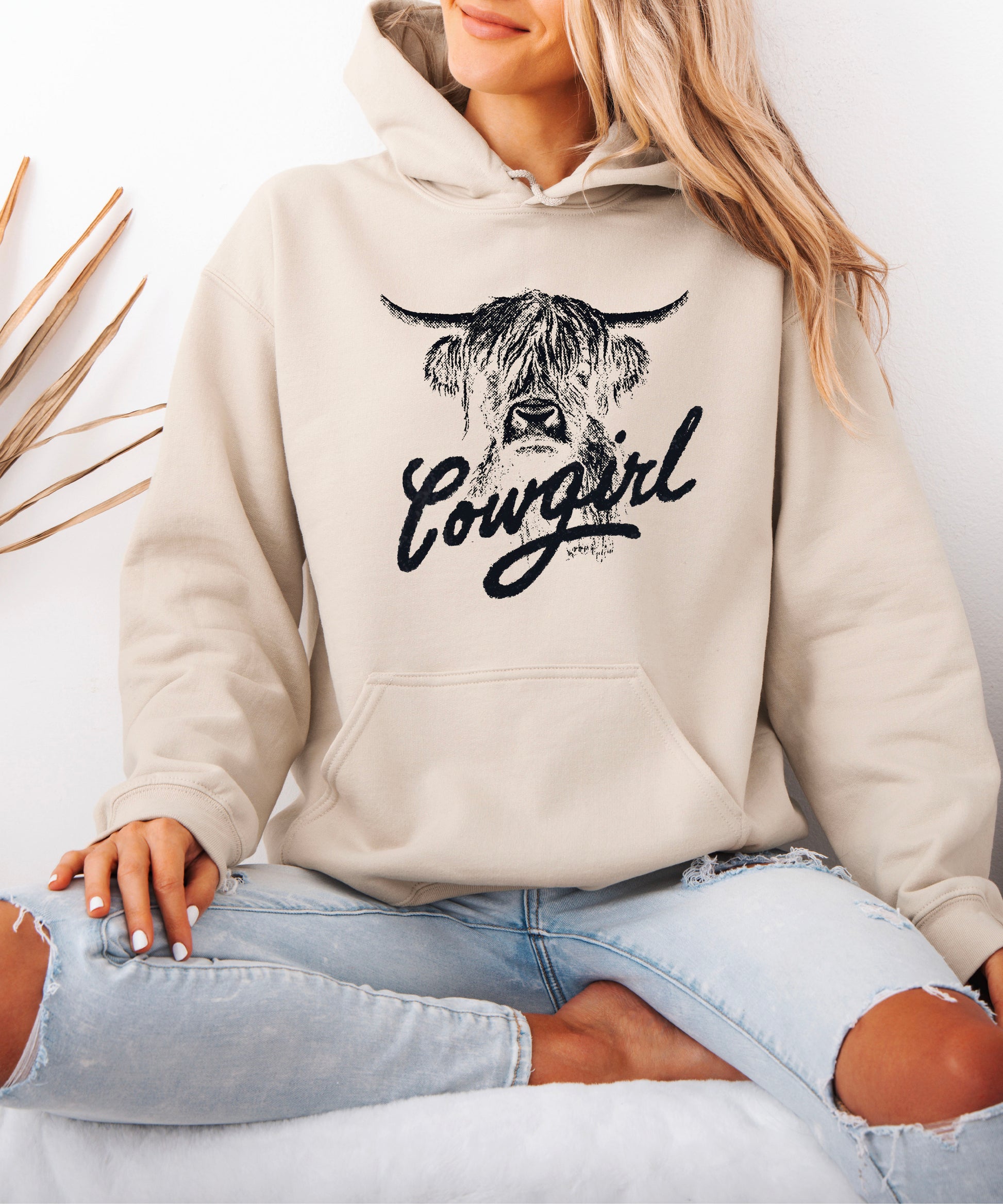 Cowgirl Highland Cow Hoodie - Sand Hoodie - Olive Loves Apple